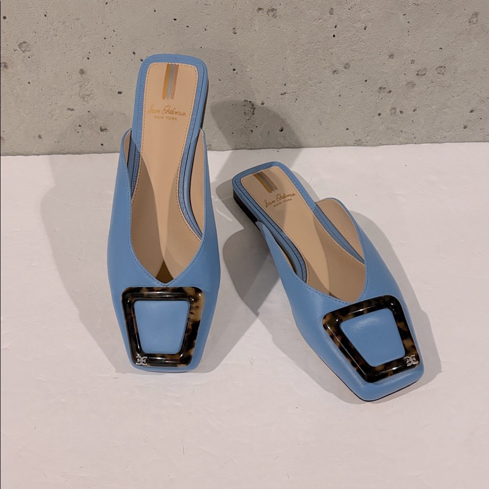 Sam Edelman Blue Mules with Tortoise Buckle
